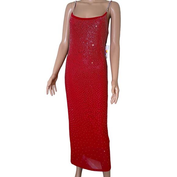 IRIS Maxi dress formal/semi formal rhinestone red/silver bodycon stretch NEW MD - Picture 2 of 13